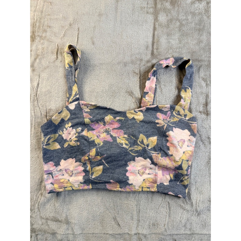 Kirra Floral Crop Top Grey Pink Purple Sweetheart Neckline Bow Back Womens Small